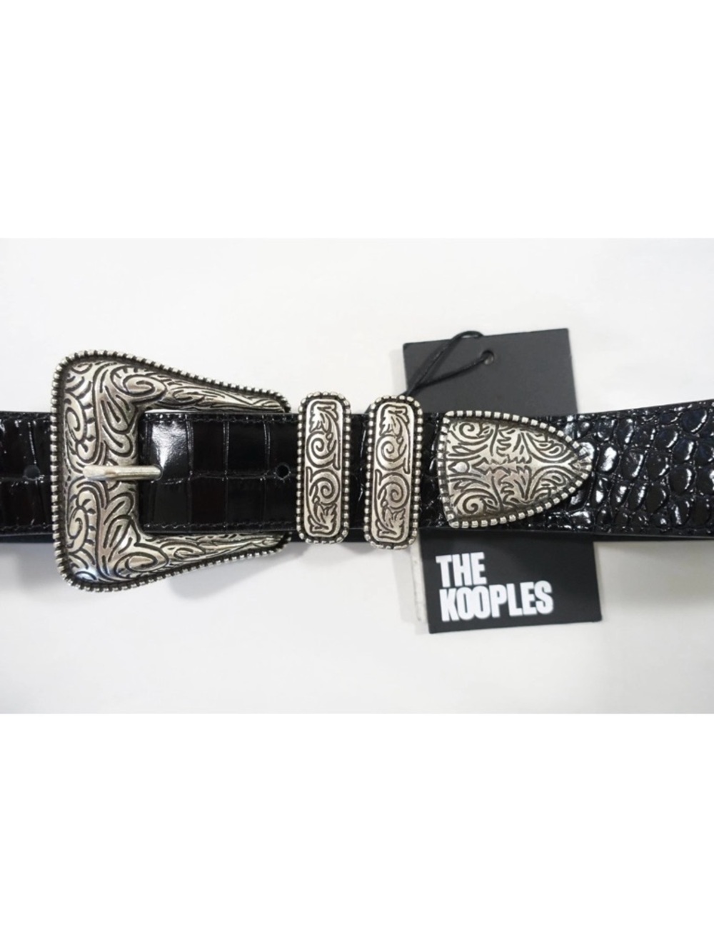THE KOOPLES French Luxury Black Croc-Embossed Belt with Engraved Silver Buckle